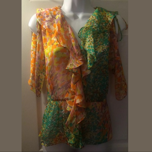 Original MILLY New York Silk Ruffle Blouse Colorful Peplum Top Shirt Pink Orange - Picture 8 of 10